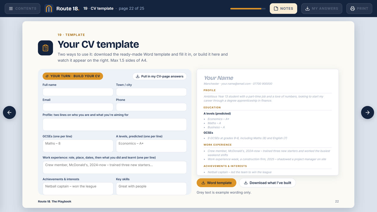 A Playbook page where you build your CV as you read