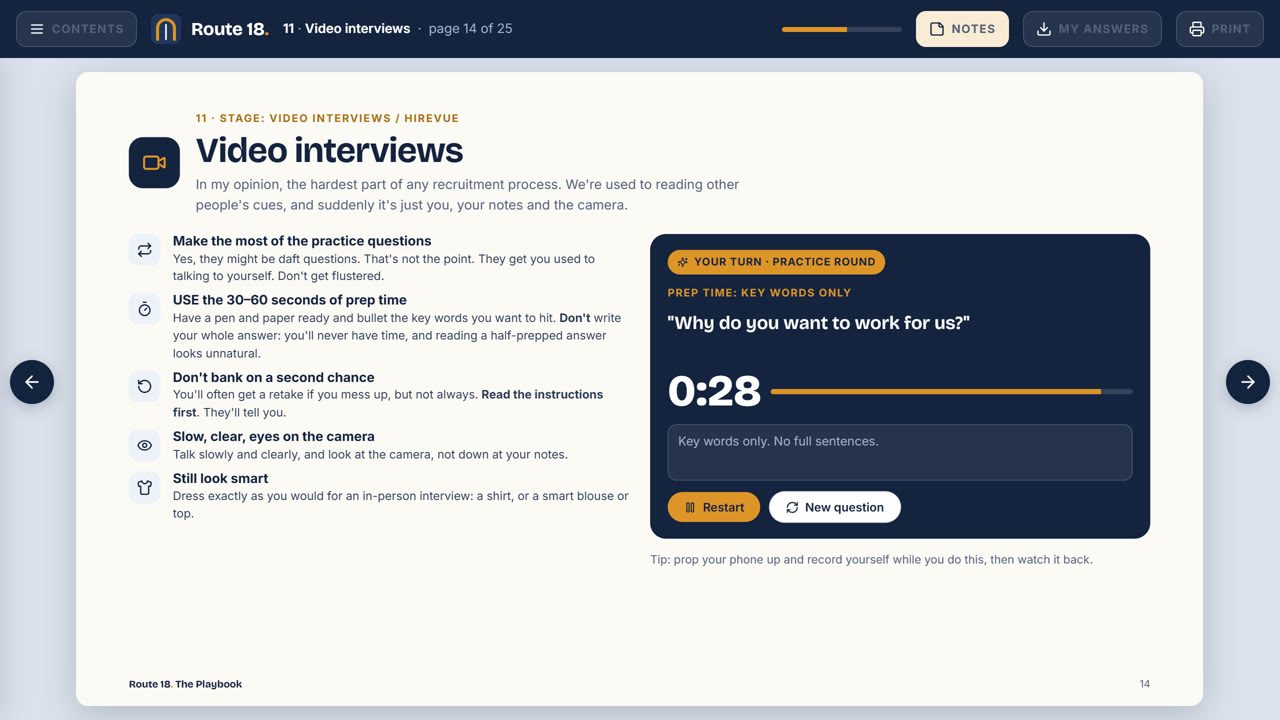 A Playbook page with a timed video interview practice round